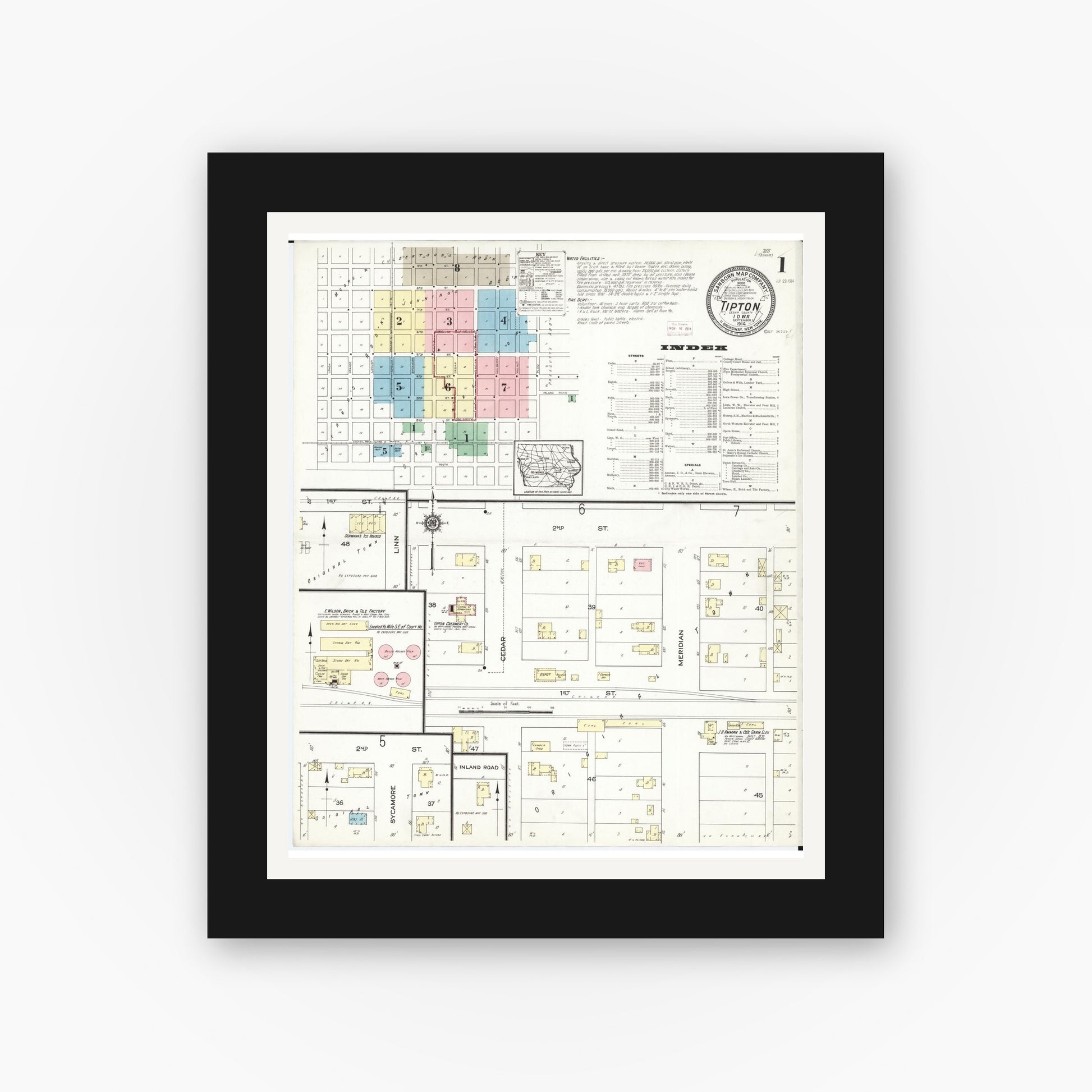 Old map wall art mockup — black gallery frame with white mat — Sanborn Fire Insurance Map from Tipton, Cedar County, Iowa (1914), Sheet #0001