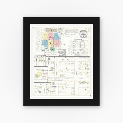 Old map wall art mockup — black gallery frame with white mat — Sanborn Fire Insurance Map from Tipton, Cedar County, Iowa (1914), Sheet #0001