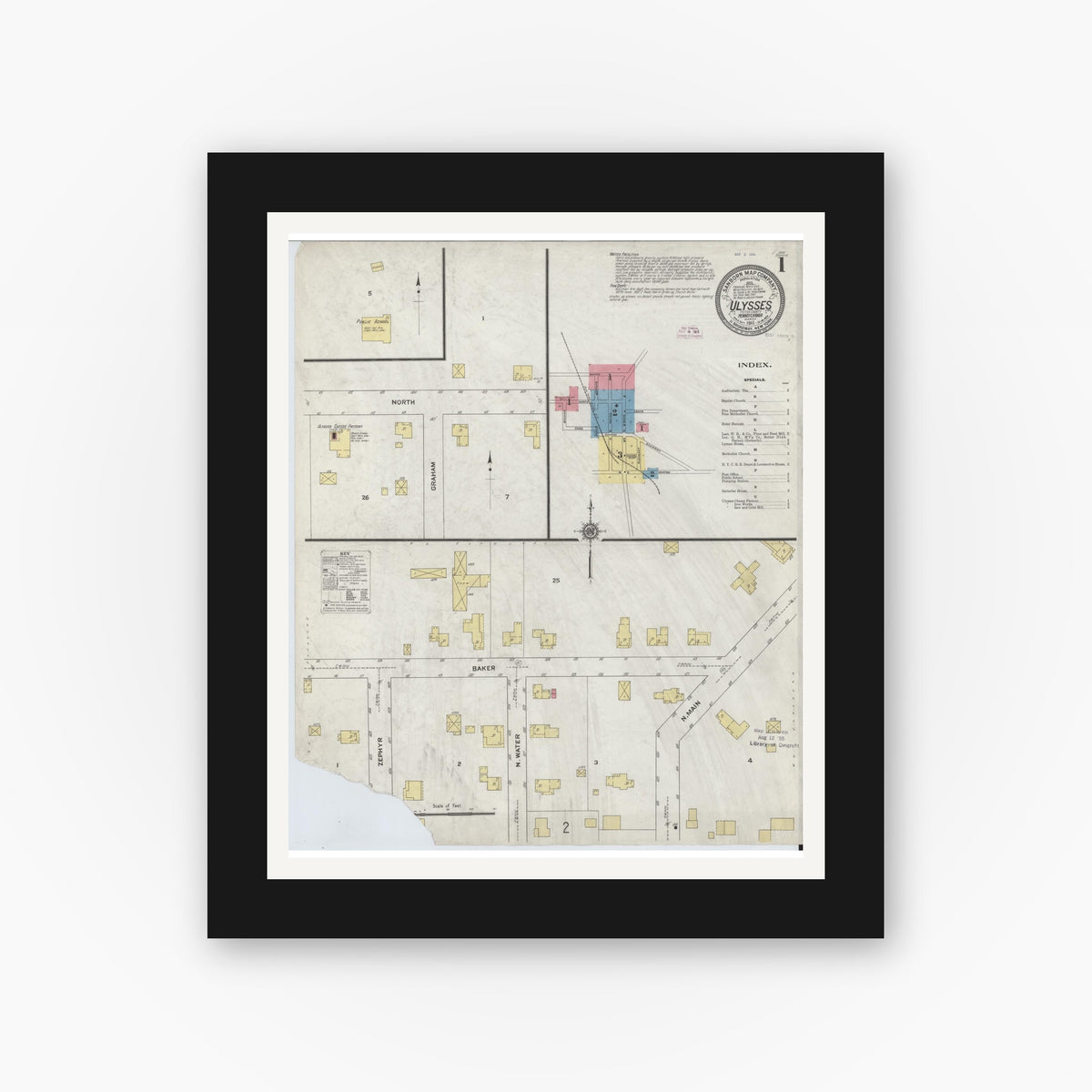 Old map wall art mockup — black gallery frame with white mat — Sanborn Fire Insurance Map from Ulysses, Potter County, Pennsylvania (1911) - Complete Map Set