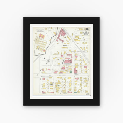 Old map wall art mockup — black gallery frame with white mat — Sanborn Fire Insurance Map from Vincennes, Knox County, Indiana (1902), Sheet #0012