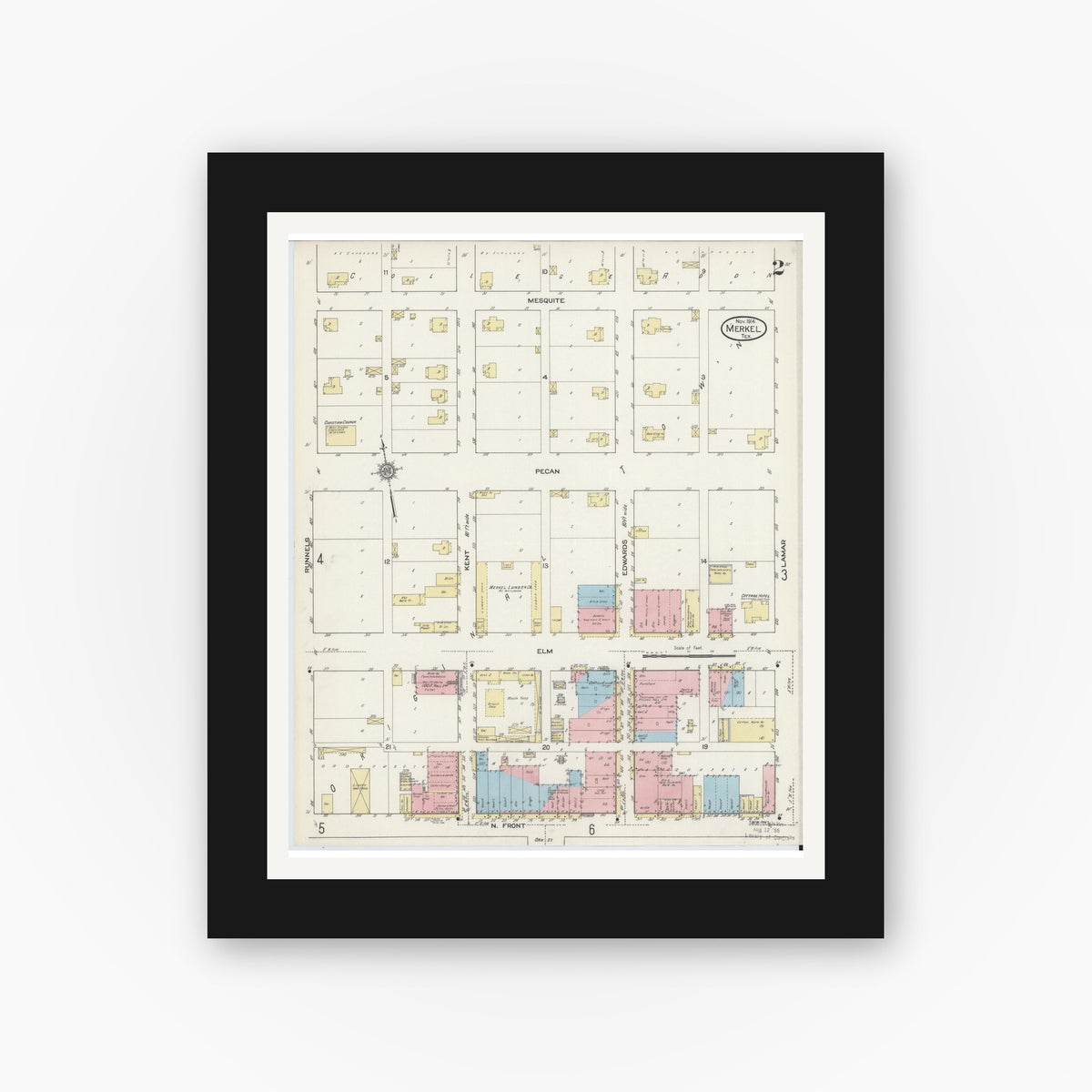 Old map wall art mockup — black gallery frame with white mat — Sanborn Fire Insurance Map from Merkel, Taylor County, Texas (1914), Sheet #0002
