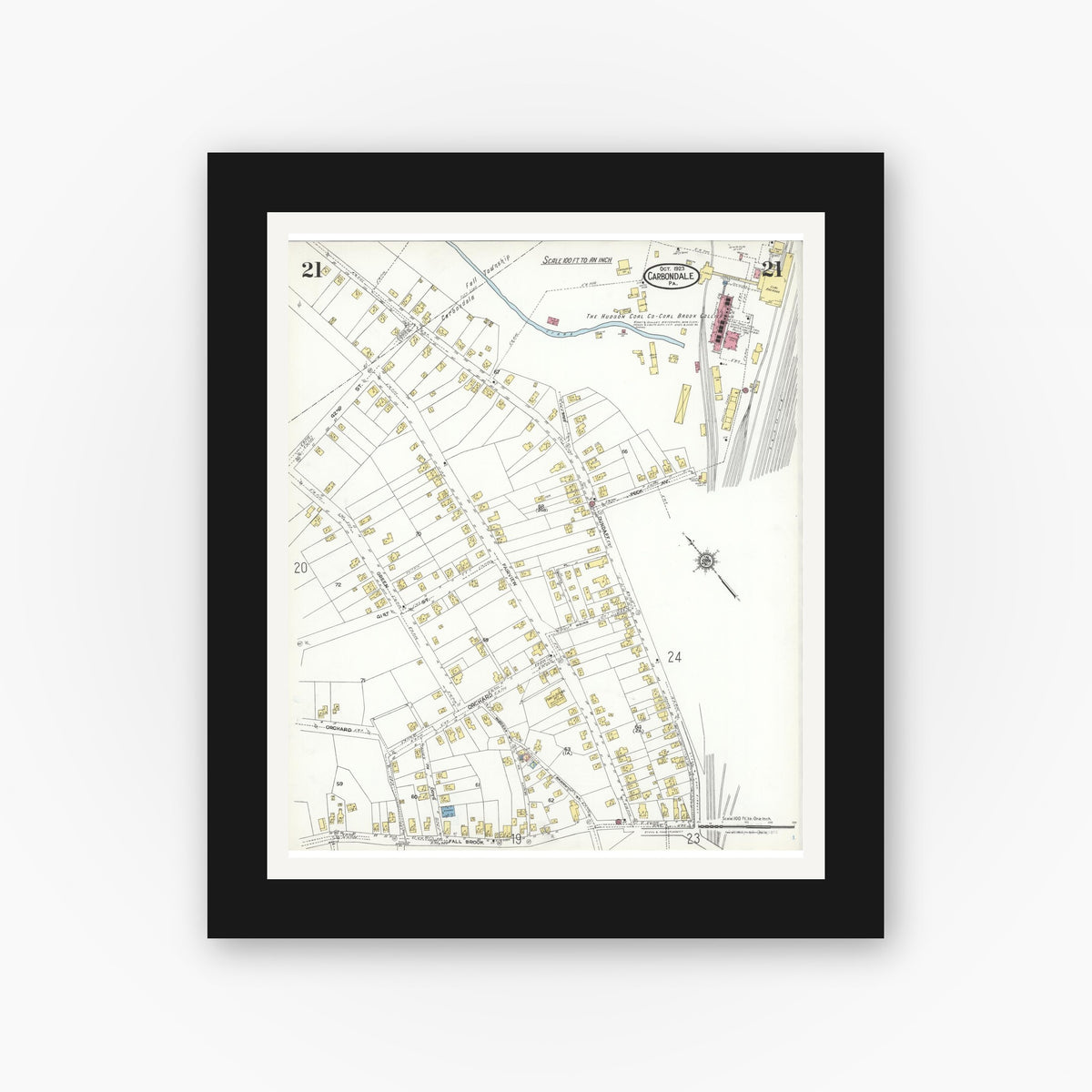 Old map wall art mockup — black gallery frame with white mat — Sanborn Fire Insurance Map from Carbondale, Lackawanna County, Pennsylvania (1923), Sheet #0021