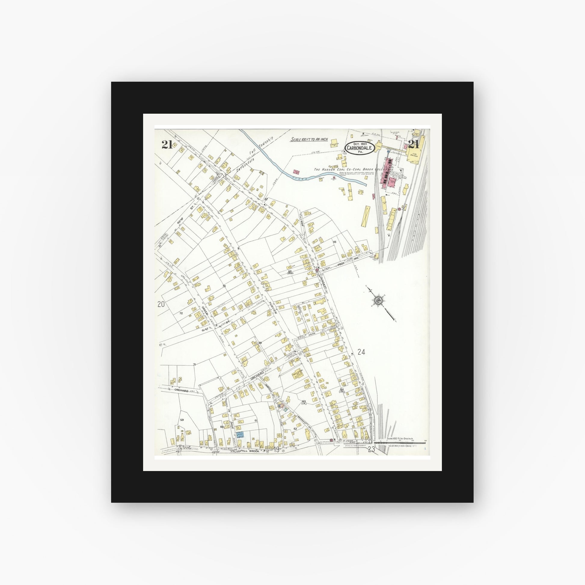 Old map wall art mockup — black gallery frame with white mat — Sanborn Fire Insurance Map from Carbondale, Lackawanna County, Pennsylvania (1923), Sheet #0021