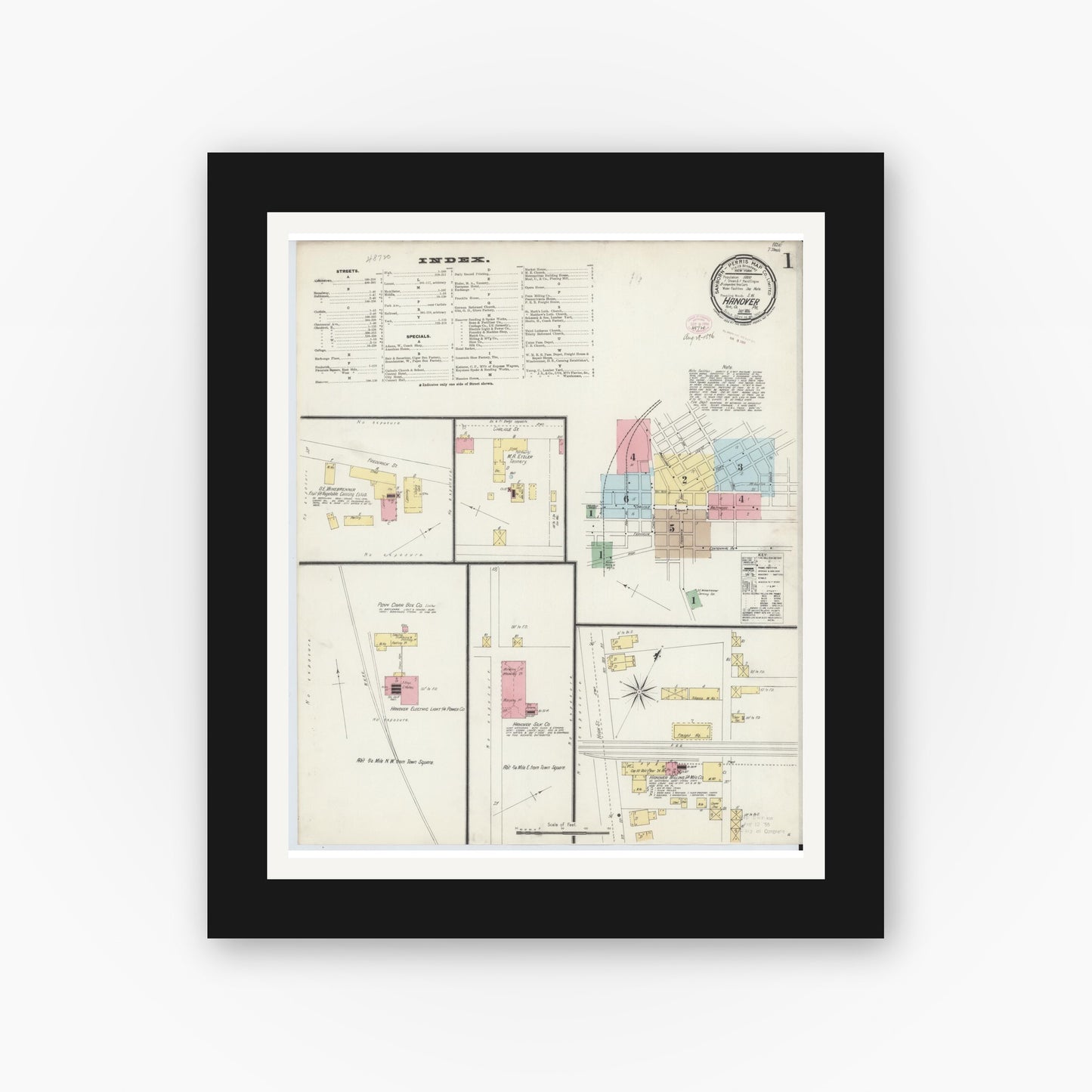 Old map wall art mockup — black gallery frame with white mat — Sanborn Fire Insurance Map from Hanover, York County, Pennsylvania (1896), Sheet #0001