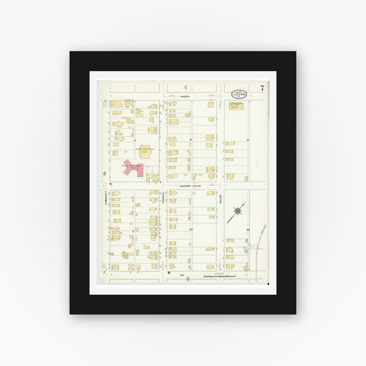 Old map wall art mockup — black gallery frame with white mat — Sanborn Fire Insurance Map from Luzerne, Luzerne County, Pennsylvania (1911), Sheet #0007