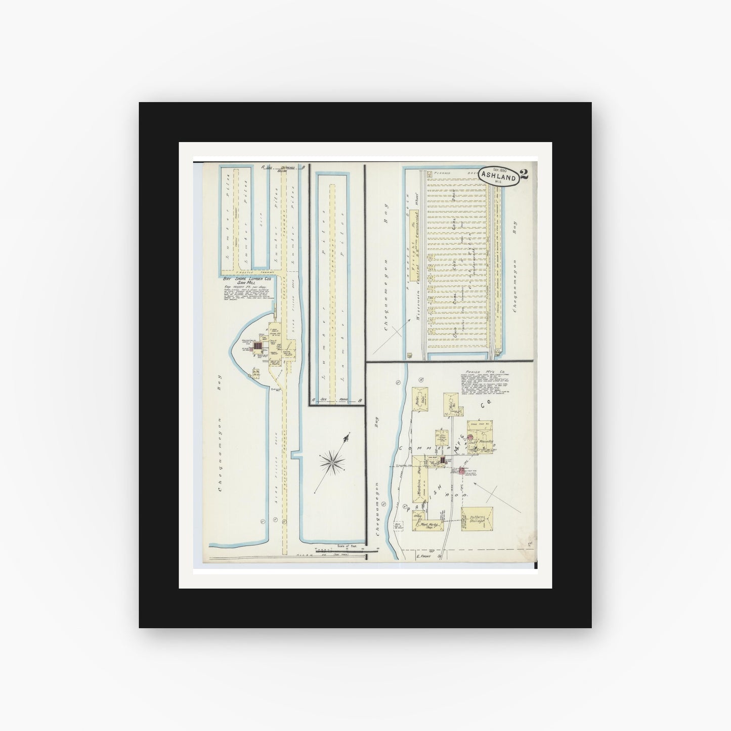 Old map wall art mockup — black gallery frame with white mat — Sanborn Fire Insurance Map from Ashland, Ashland County, Wisconsin (1890), Sheet #0002