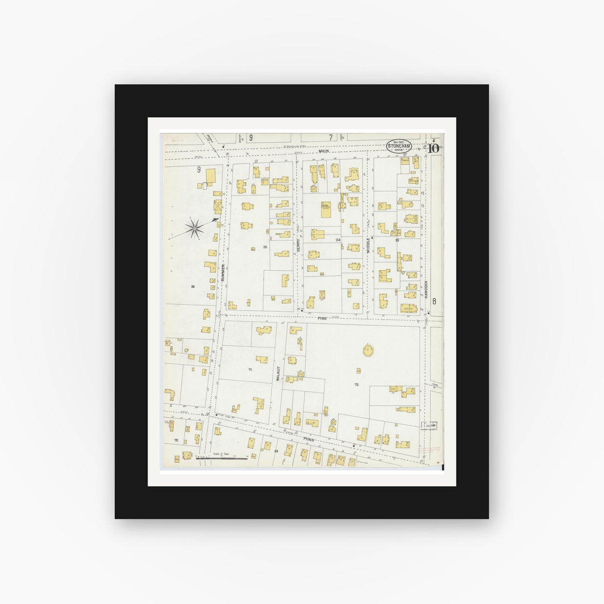 Old map wall art mockup — black gallery frame with white mat — Sanborn Fire Insurance Map from Stoneham, Middlesex County, Massachusetts (1903), Sheet #0010