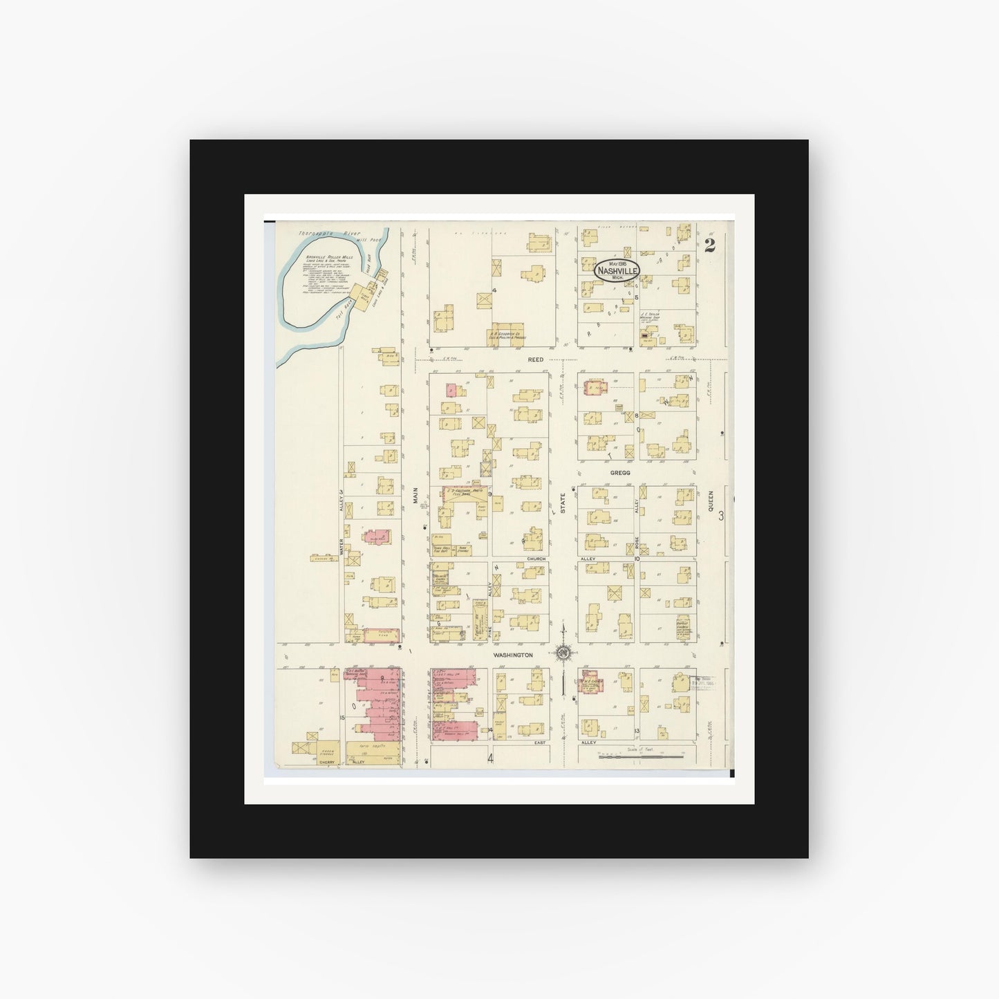 Old map wall art mockup — black gallery frame with white mat — Sanborn Fire Insurance Map from Nashville, Barry County, Michigan (1916), Sheet #0002