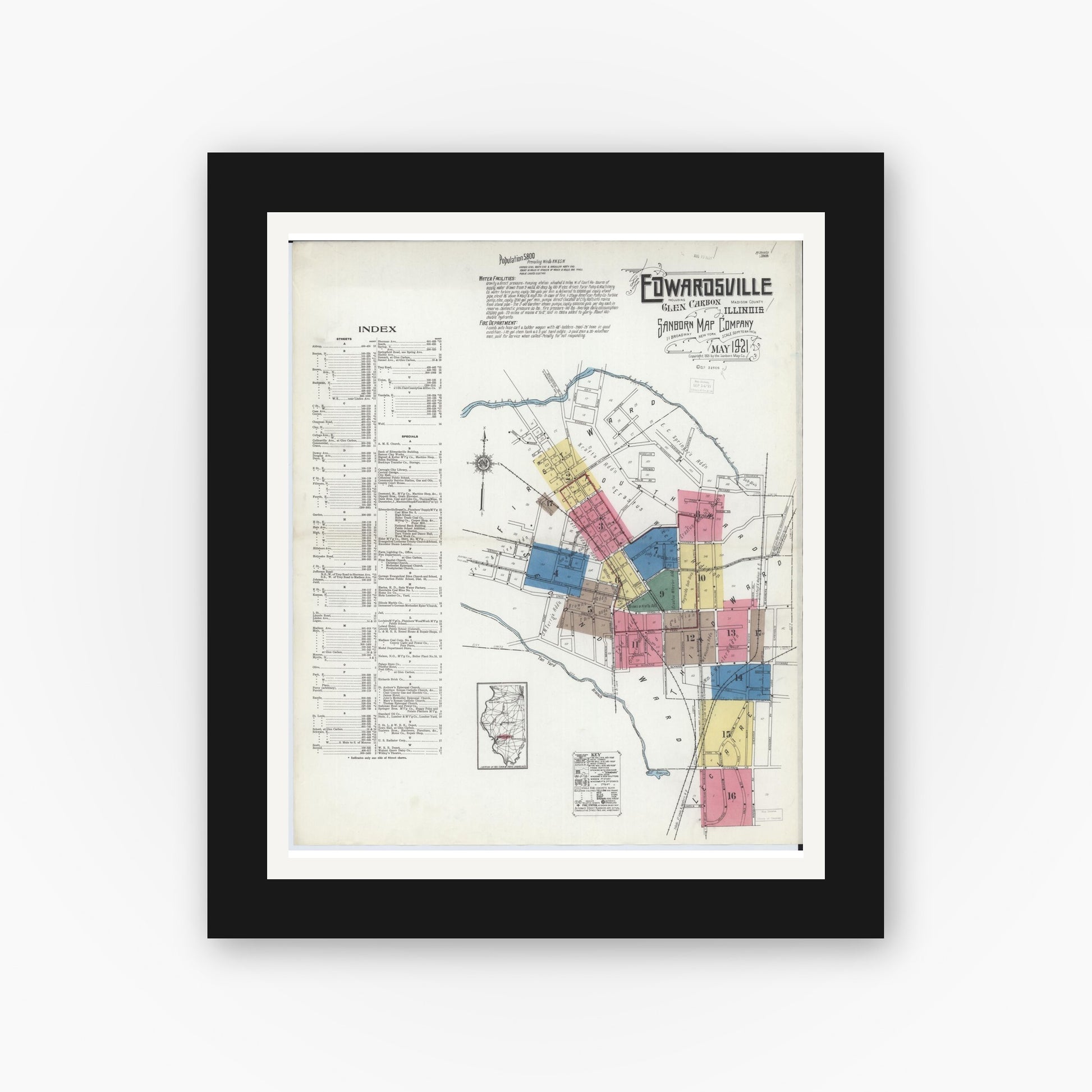 Old map wall art mockup — black gallery frame with white mat — Sanborn Fire Insurance Map from Edwardsville, Madison County, Illinois (1921), Sheet #0001