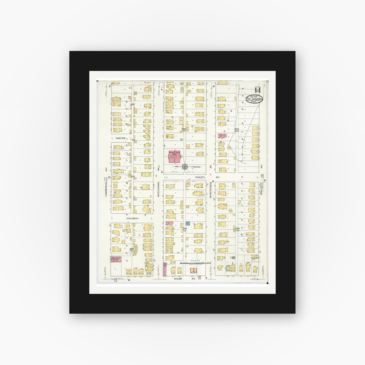 Old map wall art mockup — black gallery frame with white mat — Sanborn Fire Insurance Map from Saint Joseph, Berrien County, Michigan (1921), Sheet #0014