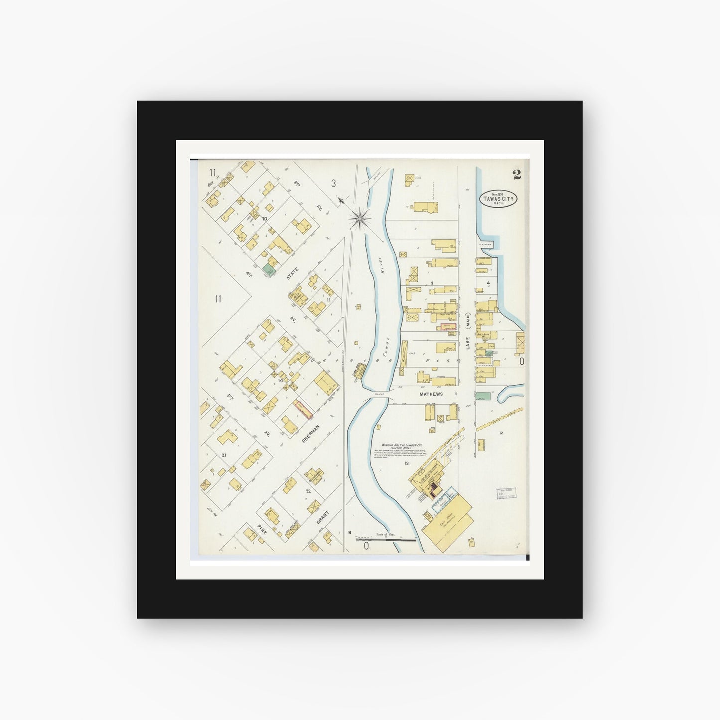 Old map wall art mockup — black gallery frame with white mat — Sanborn Fire Insurance Map from Tawas City, Iosco County, Michigan (1898), Sheet #0002