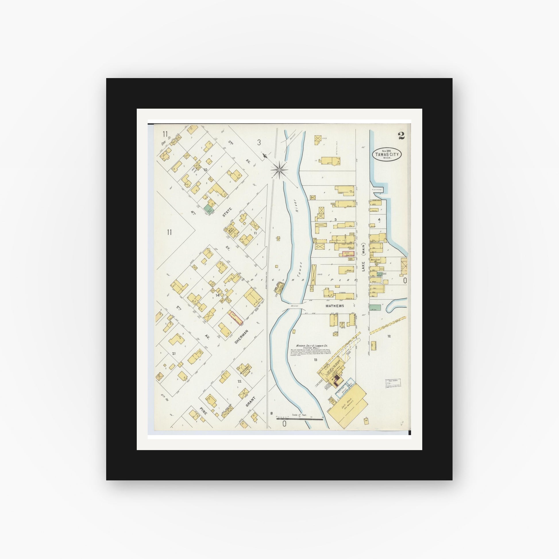 Old map wall art mockup — black gallery frame with white mat — Sanborn Fire Insurance Map from Tawas City, Iosco County, Michigan (1898), Sheet #0002