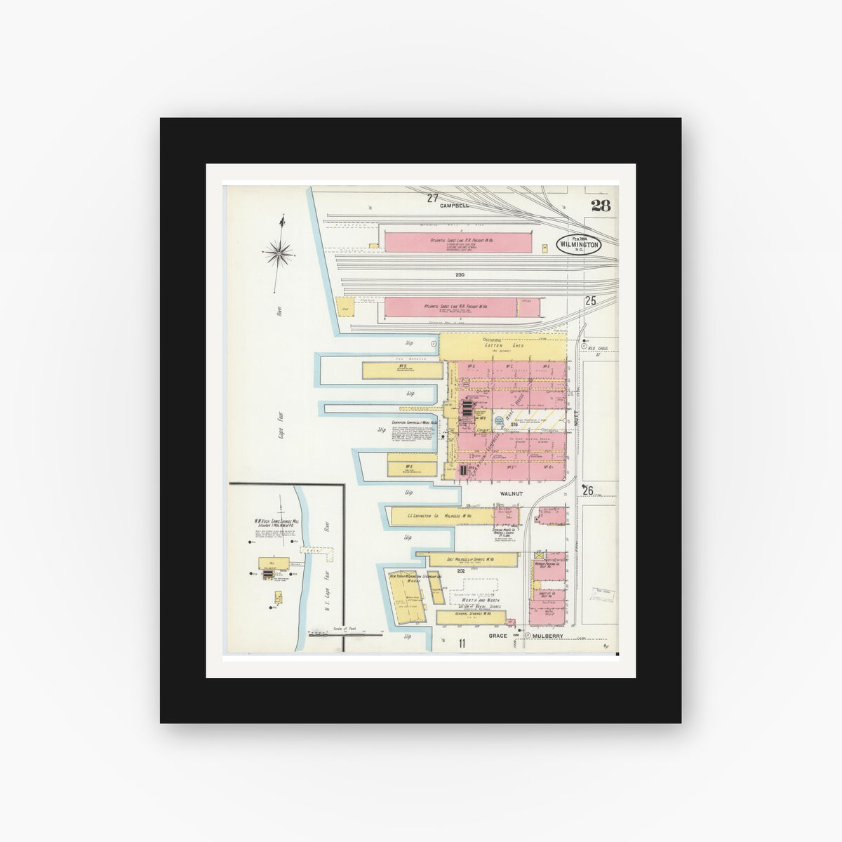 Old map wall art mockup — black gallery frame with white mat — Sanborn Fire Insurance Map from Wilmington, New Hanover County, North Carolina (1904), Sheet #0028