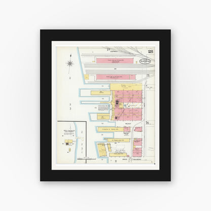 Old map wall art mockup — black gallery frame with white mat — Sanborn Fire Insurance Map from Wilmington, New Hanover County, North Carolina (1904), Sheet #0028