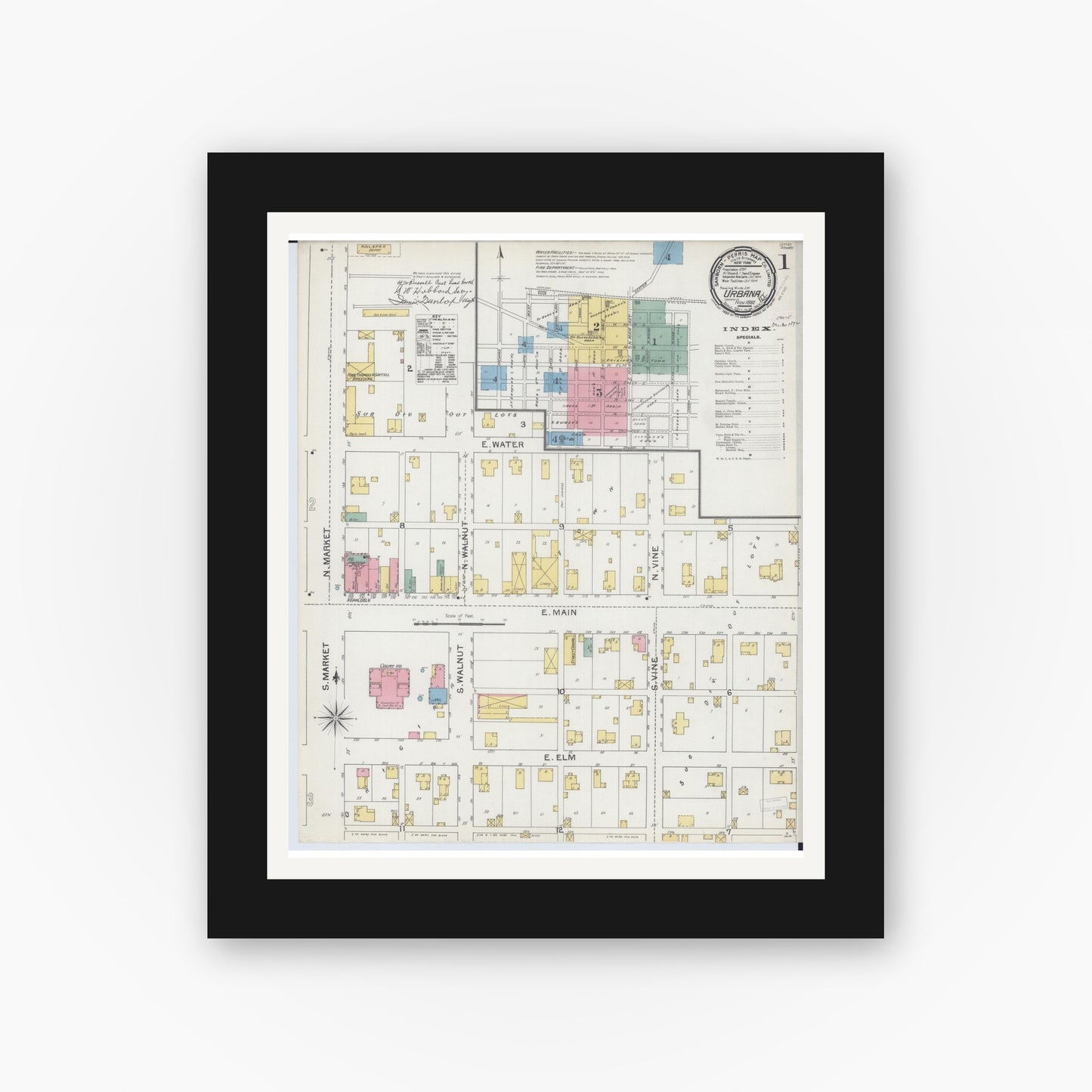 Old map wall art mockup — black gallery frame with white mat — Sanborn Fire Insurance Map from Urbana, Champaign County, Illinois (1892), Sheet #0001