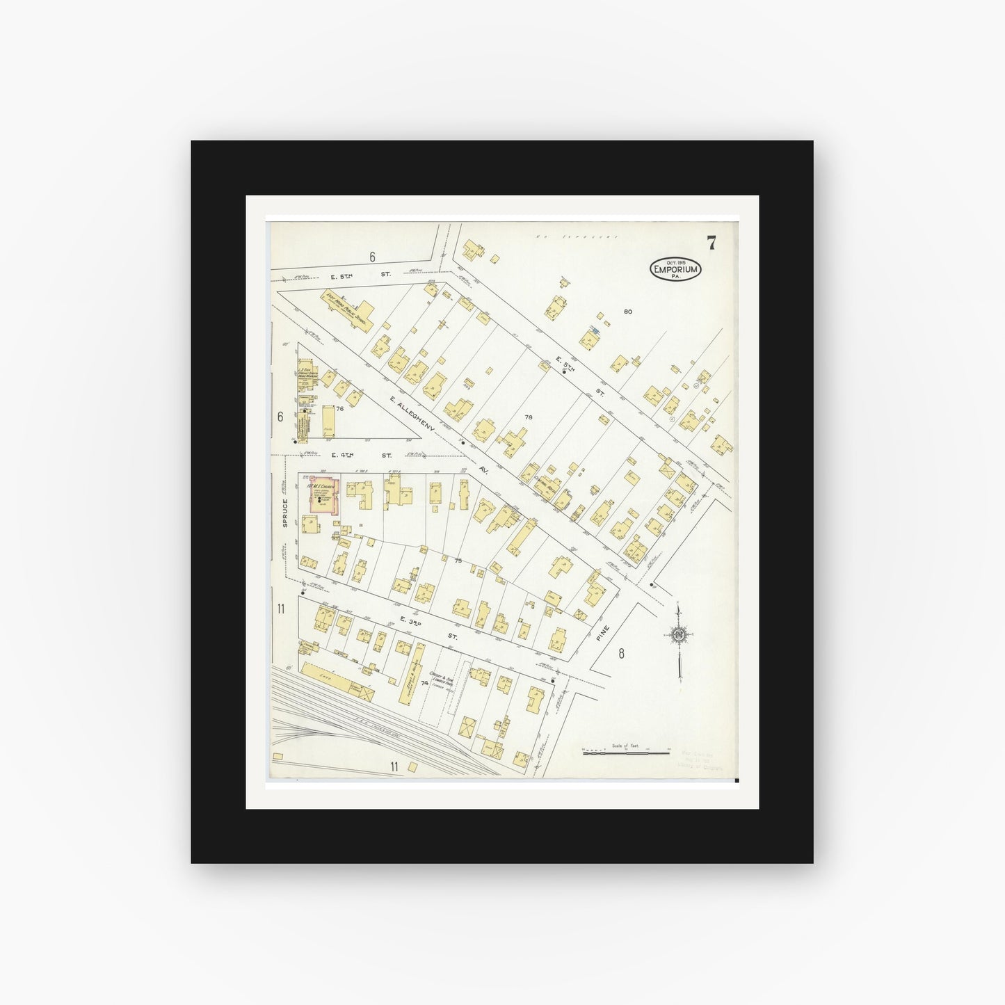 Old map wall art mockup — black gallery frame with white mat — Sanborn Fire Insurance Map from Emporium, Cameron County, Pennsylvania (1915), Sheet #0007