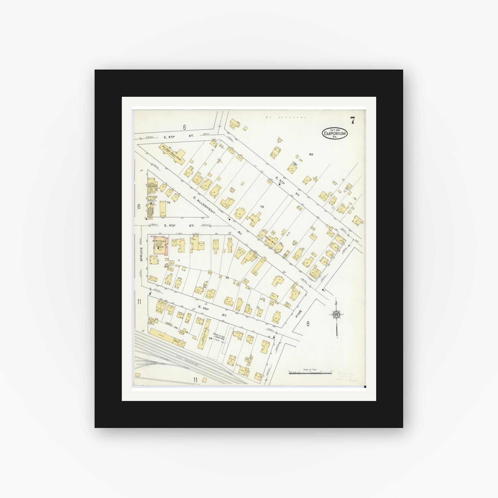 Old map wall art mockup — black gallery frame with white mat — Sanborn Fire Insurance Map from Emporium, Cameron County, Pennsylvania (1915), Sheet #0007