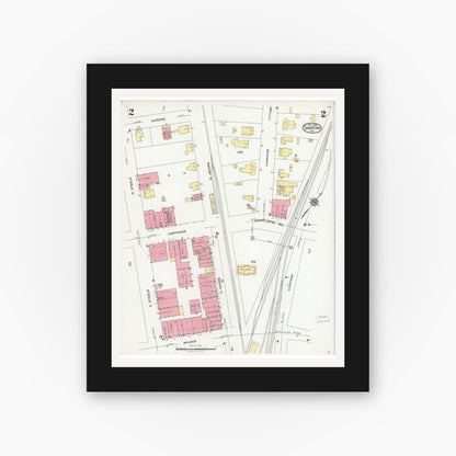 Old map wall art mockup — black gallery frame with white mat — Sanborn Fire Insurance Map from Sanford, Lee County, North Carolina (1925), Sheet #0002
