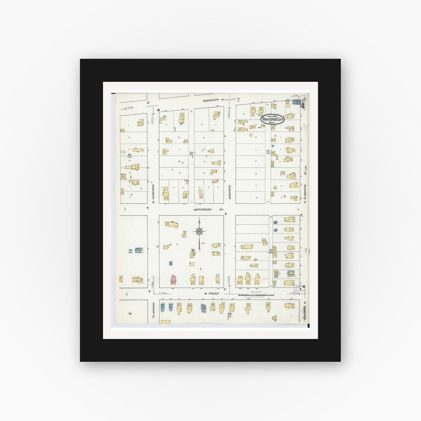 Old map wall art mockup — black gallery frame with white mat — Sanborn Fire Insurance Map from Traverse City, Grand Traverse County, Michigan (1920), Sheet #0004