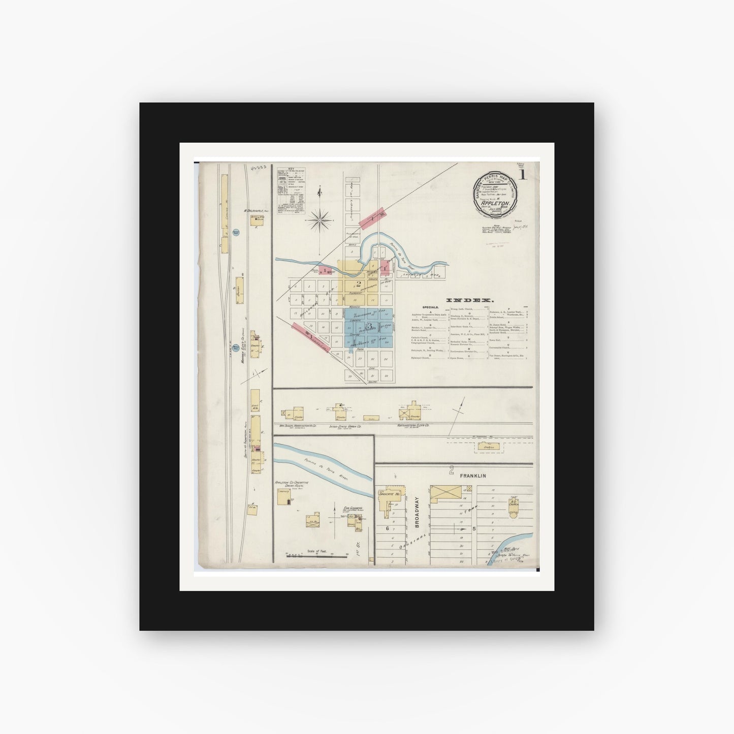 Old map wall art mockup — black gallery frame with white mat — Sanborn Fire Insurance Map from Appleton, Swift County, Minnesota (1894) - Complete Map Set