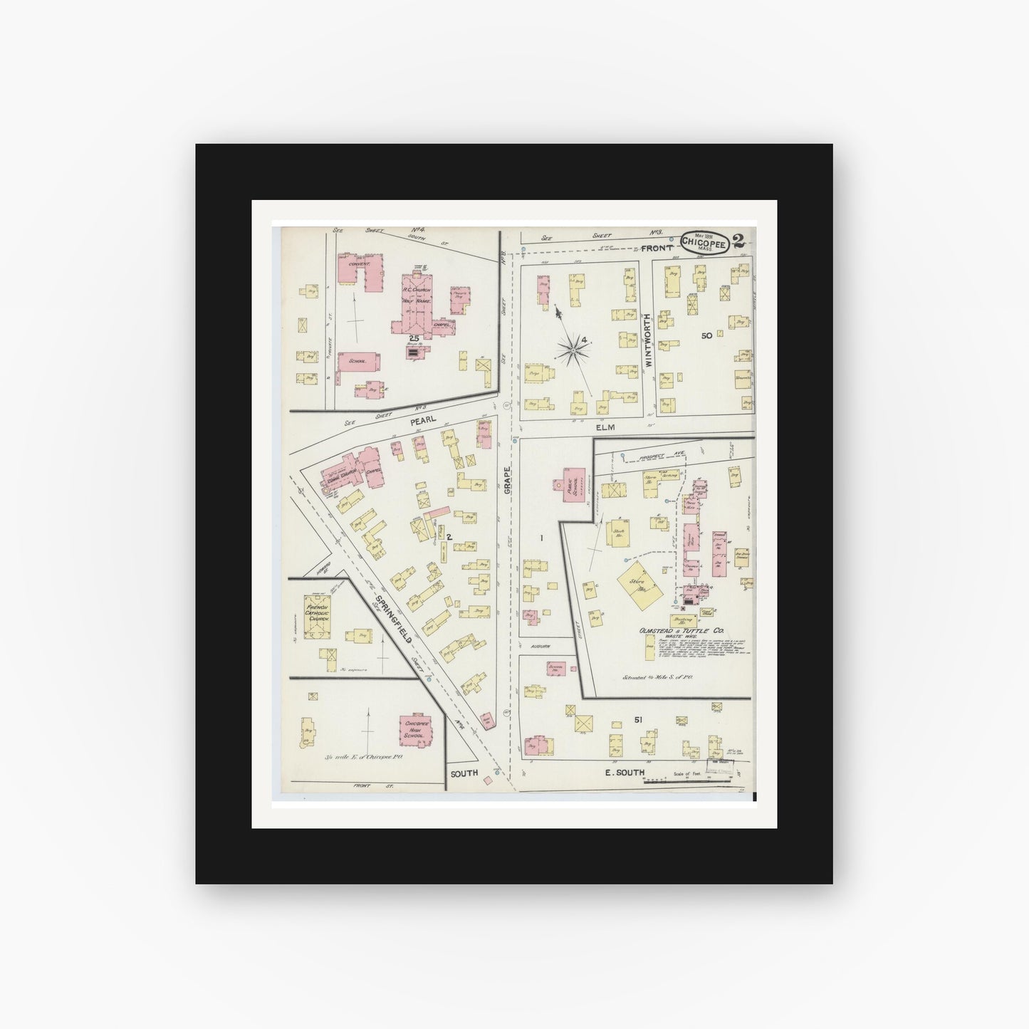 Old map wall art mockup — black gallery frame with white mat — Sanborn Fire Insurance Map from Chicopee, Hampden County, Massachusetts (1891) - Complete Map Set