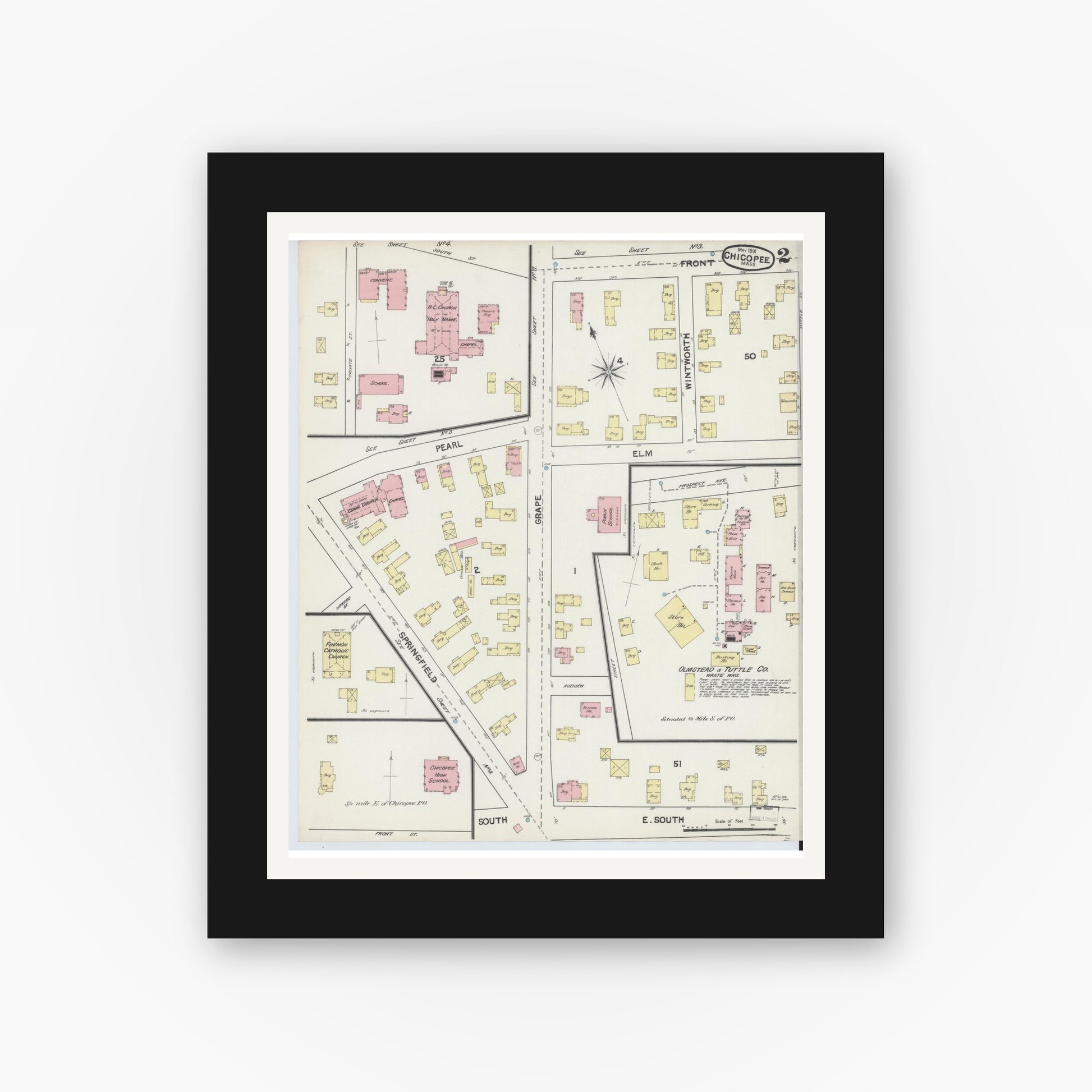 Old map wall art mockup — black gallery frame with white mat — Sanborn Fire Insurance Map from Chicopee, Hampden County, Massachusetts (1891) - Complete Map Set