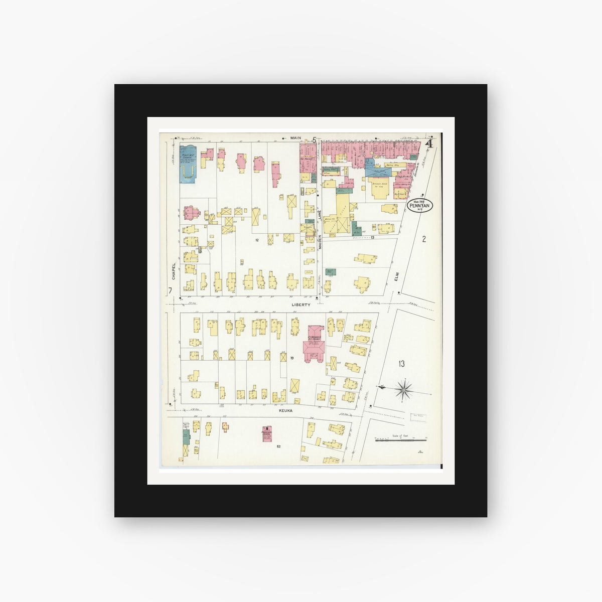 Old map wall art mockup — black gallery frame with white mat — Sanborn Fire Insurance Map from Penn Yan, Yates County, New York (1909), Sheet #0004