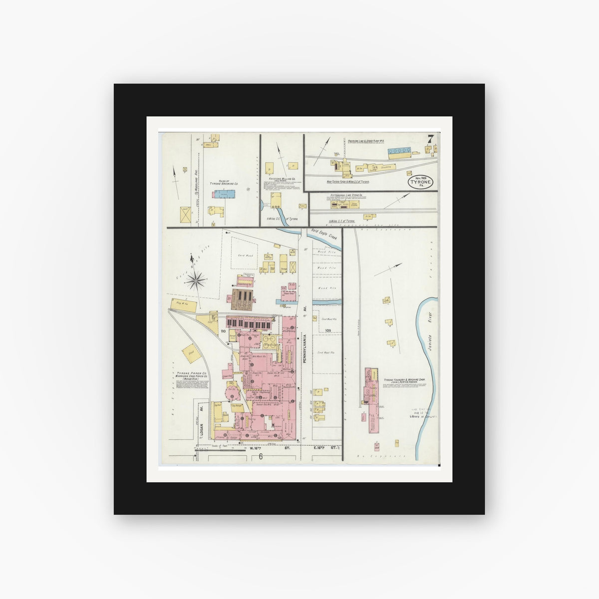 Old map wall art mockup — black gallery frame with white mat — Sanborn Fire Insurance Map from Tyrone, Blair County, Pennsylvania (1906), Sheet #0007