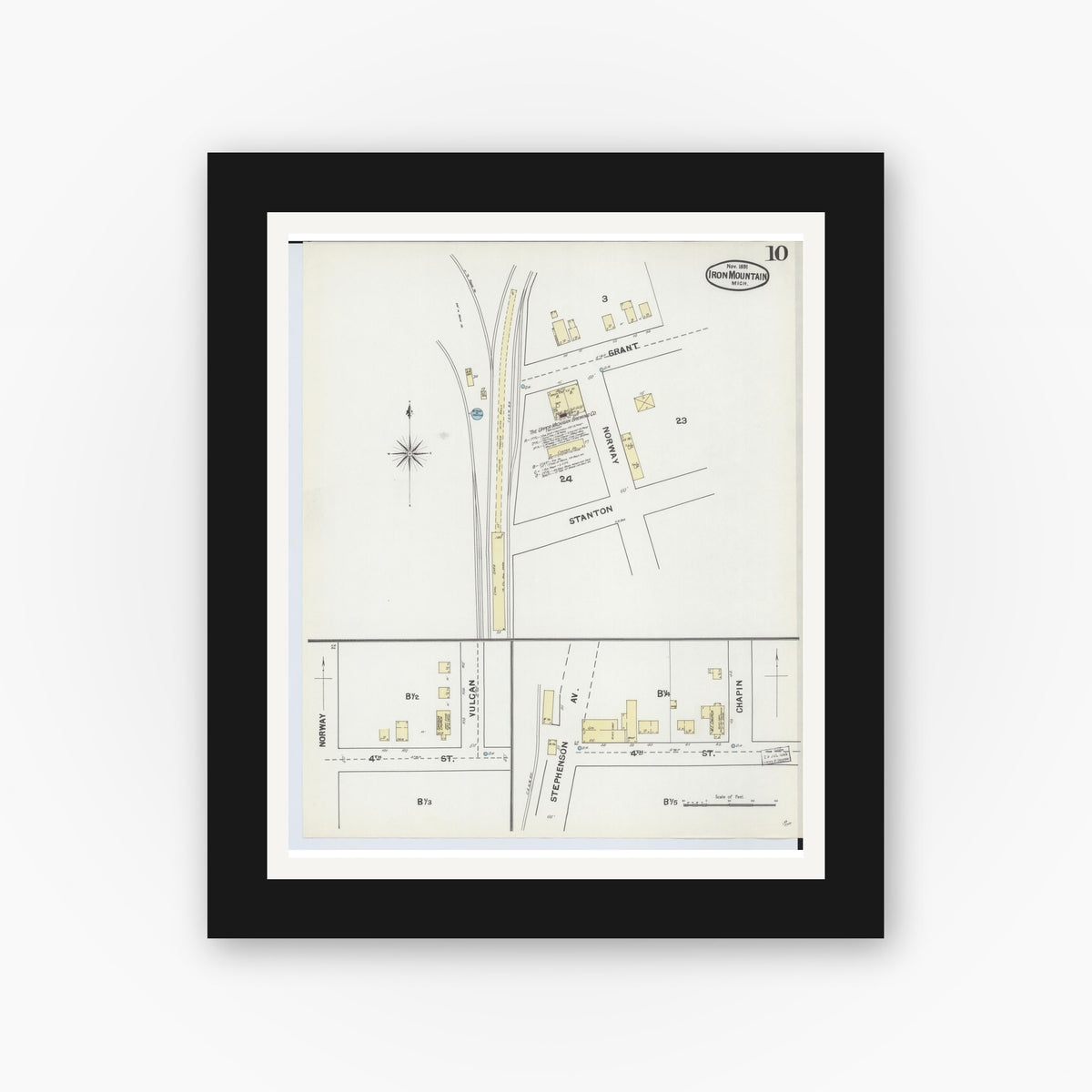 Old map wall art mockup — black gallery frame with white mat — Sanborn Fire Insurance Map from Iron Mountain, Dickinson County, Michigan (1891), Sheet #0010