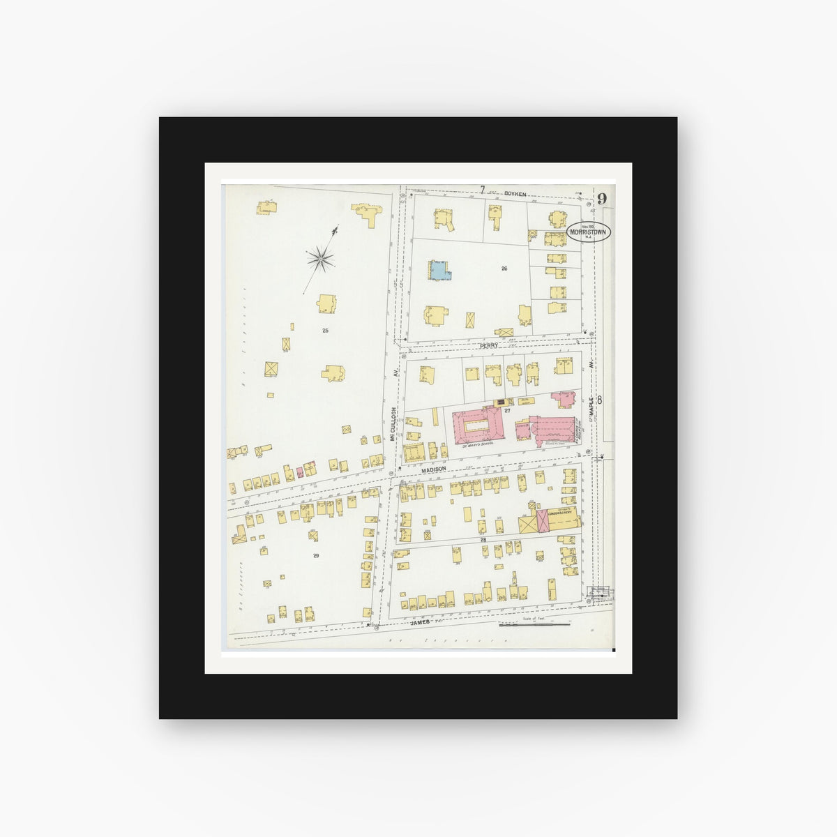 Old map wall art mockup — black gallery frame with white mat — Sanborn Fire Insurance Map from Morristown, Morris County, New Jersey (1901), Sheet #0009