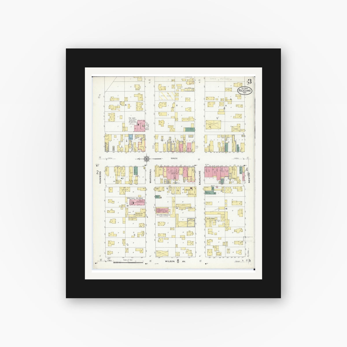 Old map wall art mockup — black gallery frame with white mat — Sanborn Fire Insurance Map from Rice Lake, Barron County, Wisconsin (1909), Sheet #0003