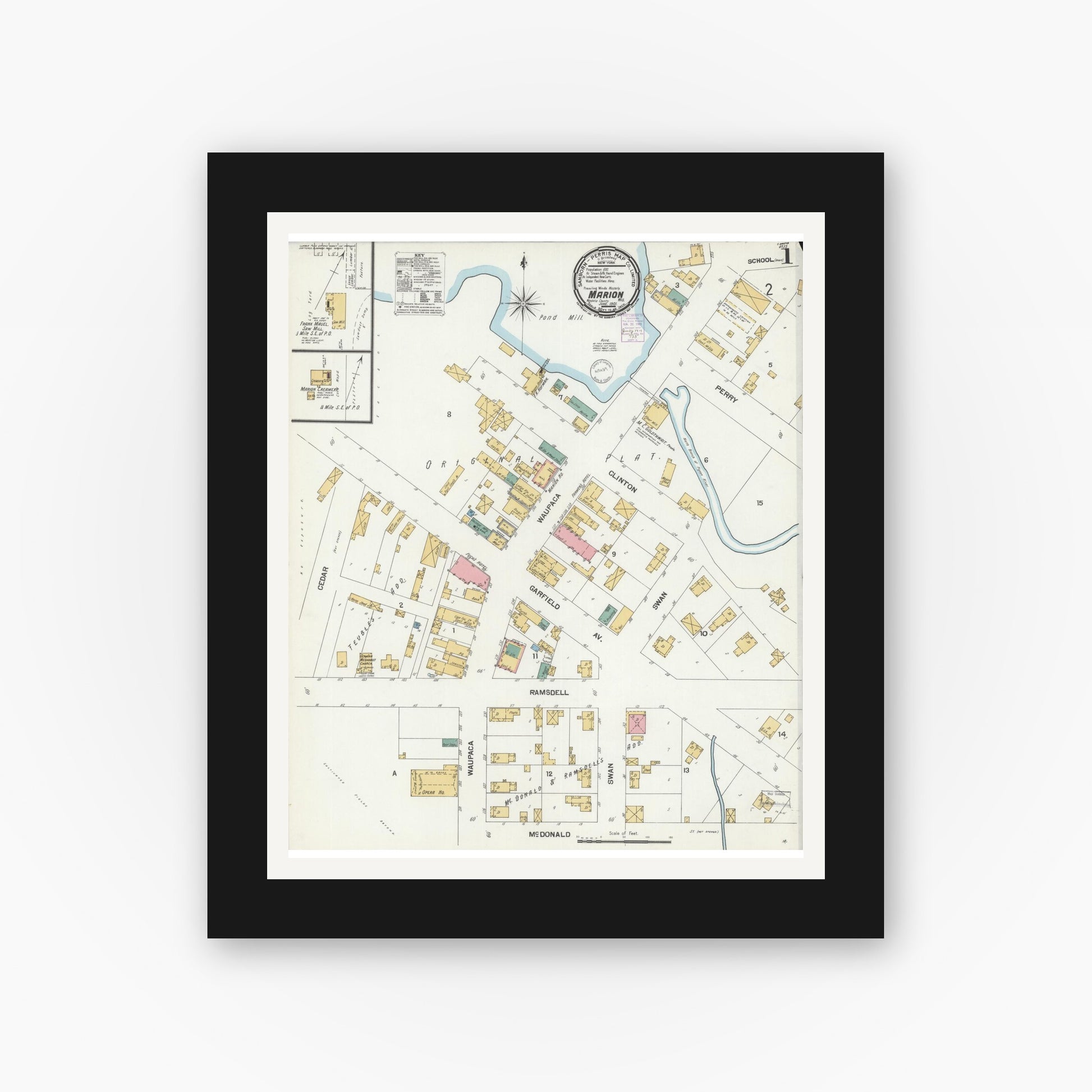 Old map wall art mockup — black gallery frame with white mat — Sanborn Fire Insurance Map from Marion, Waupaca County, Wisconsin (1901), Sheet #0001