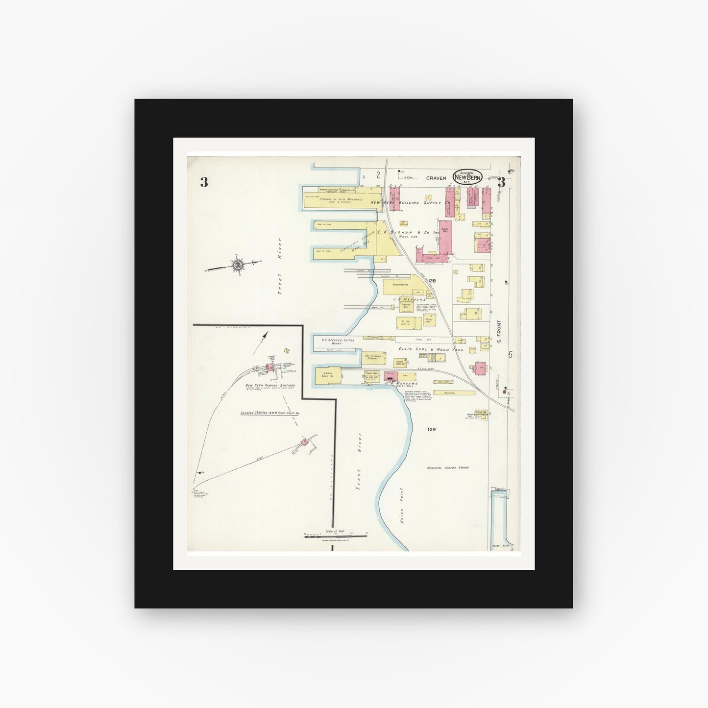 Old map wall art mockup — black gallery frame with white mat — Sanborn Fire Insurance Map from New Bern, Craven County, North Carolina (1924), Sheet #0003
