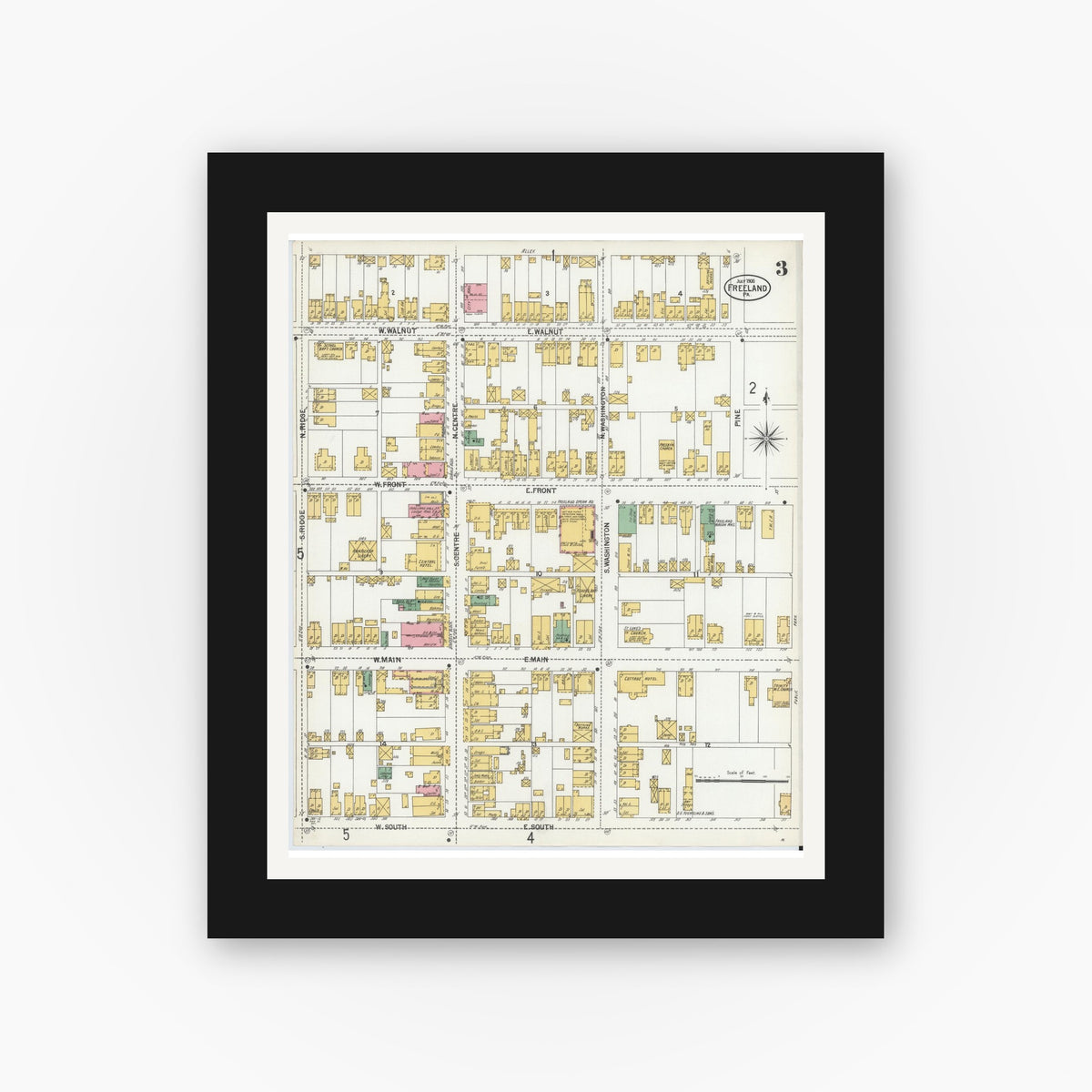 Old map wall art mockup — black gallery frame with white mat — Sanborn Fire Insurance Map from Freeland, Luzerne County, Pennsylvania (1900), Sheet #0003