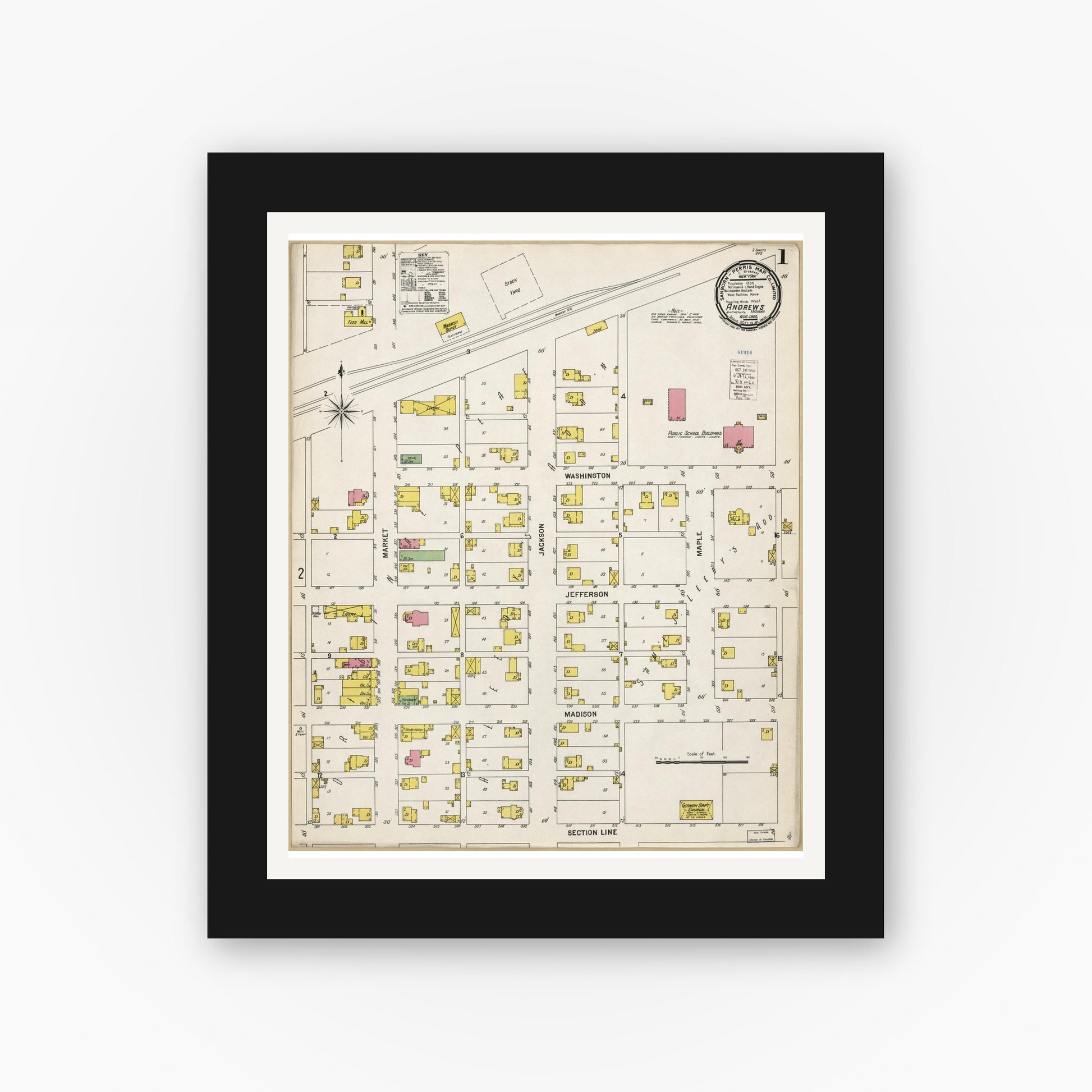 Old map wall art mockup — black gallery frame with white mat — Sanborn Fire Insurance Map from Andrews, Huntington County, Indiana (1900), Sheet #0001