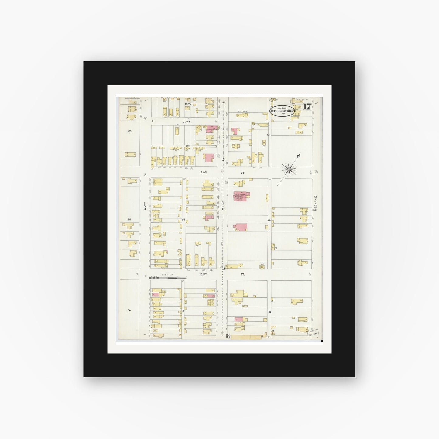 Old map wall art mockup — black gallery frame with white mat — Sanborn Fire Insurance Map from Jeffersonville, Clark County, Indiana (1898), Sheet #0017