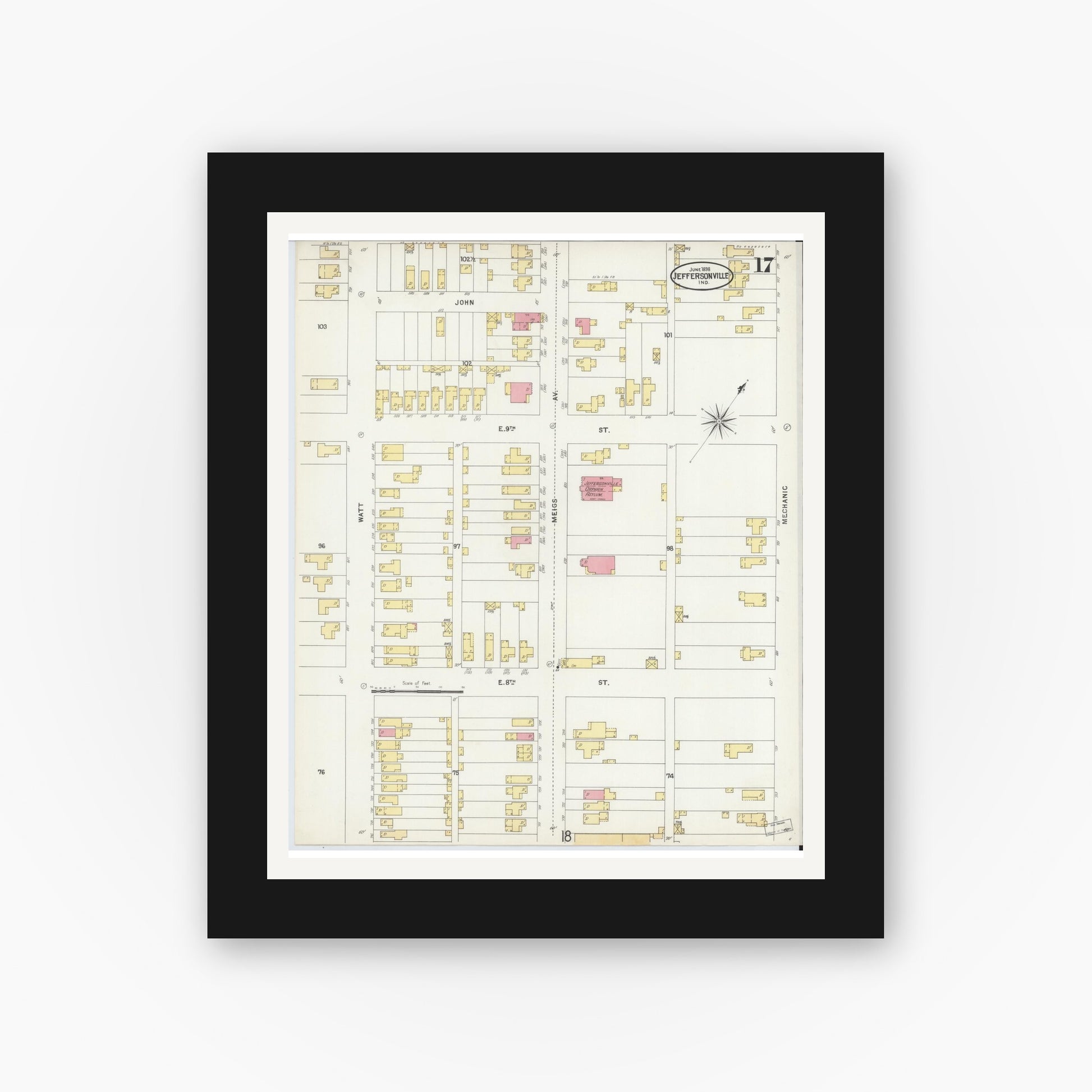 Old map wall art mockup — black gallery frame with white mat — Sanborn Fire Insurance Map from Jeffersonville, Clark County, Indiana (1898), Sheet #0017