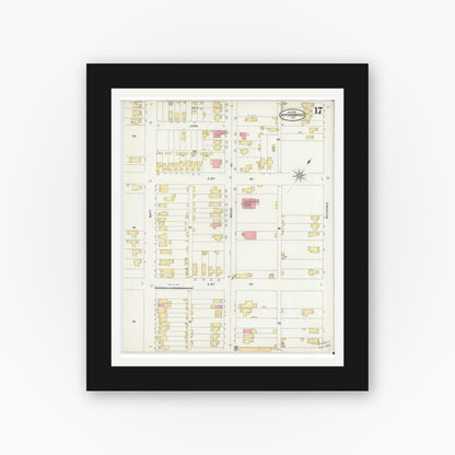 Old map wall art mockup — black gallery frame with white mat — Sanborn Fire Insurance Map from Jeffersonville, Clark County, Indiana (1898), Sheet #0017