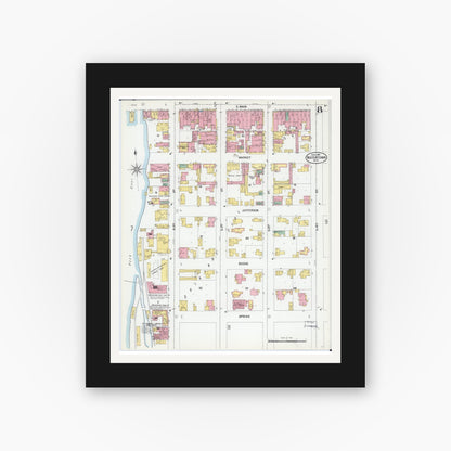 Old map wall art mockup — black gallery frame with white mat — Sanborn Fire Insurance Map from Watertown, Jefferson County, Wisconsin (1901), Sheet #0008