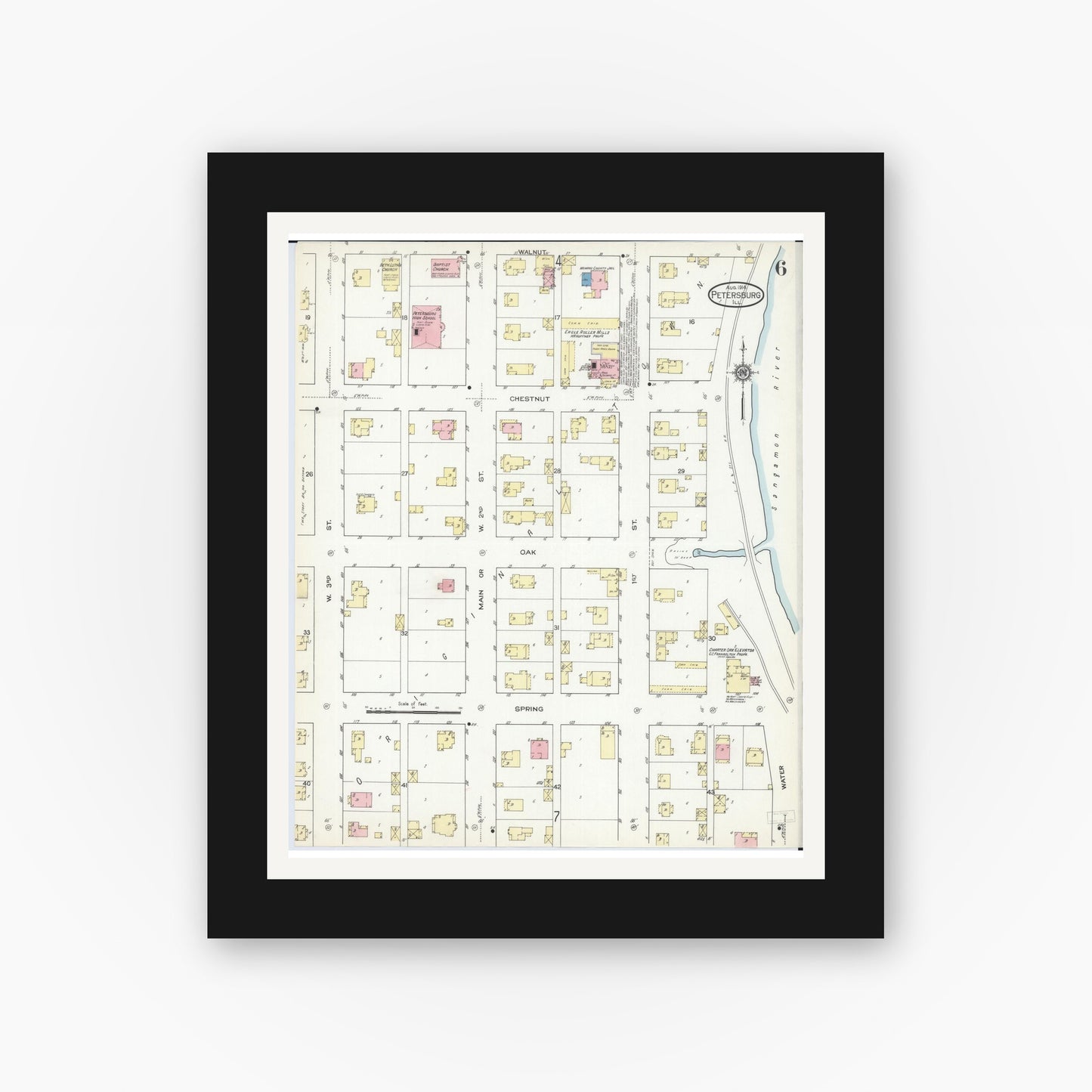 Old map wall art mockup — black gallery frame with white mat — Sanborn Fire Insurance Map from Petersburg, Menard County, Illinois (1914), Sheet #0006