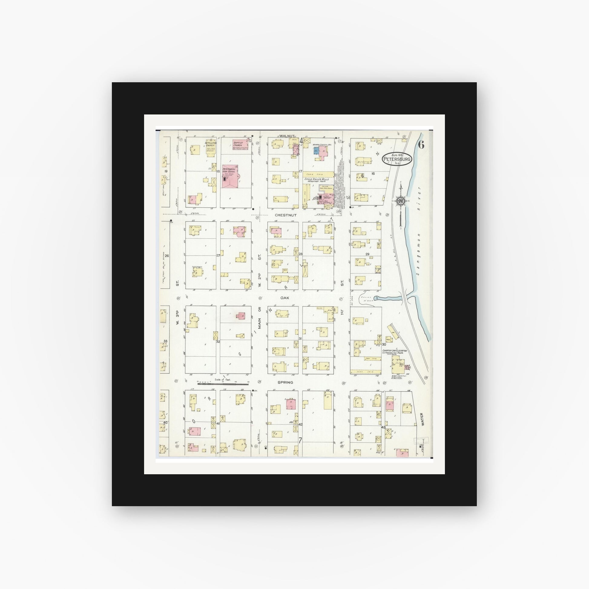 Old map wall art mockup — black gallery frame with white mat — Sanborn Fire Insurance Map from Petersburg, Menard County, Illinois (1914), Sheet #0006