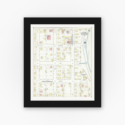 Old map wall art mockup — black gallery frame with white mat — Sanborn Fire Insurance Map from Petersburg, Menard County, Illinois (1914), Sheet #0006