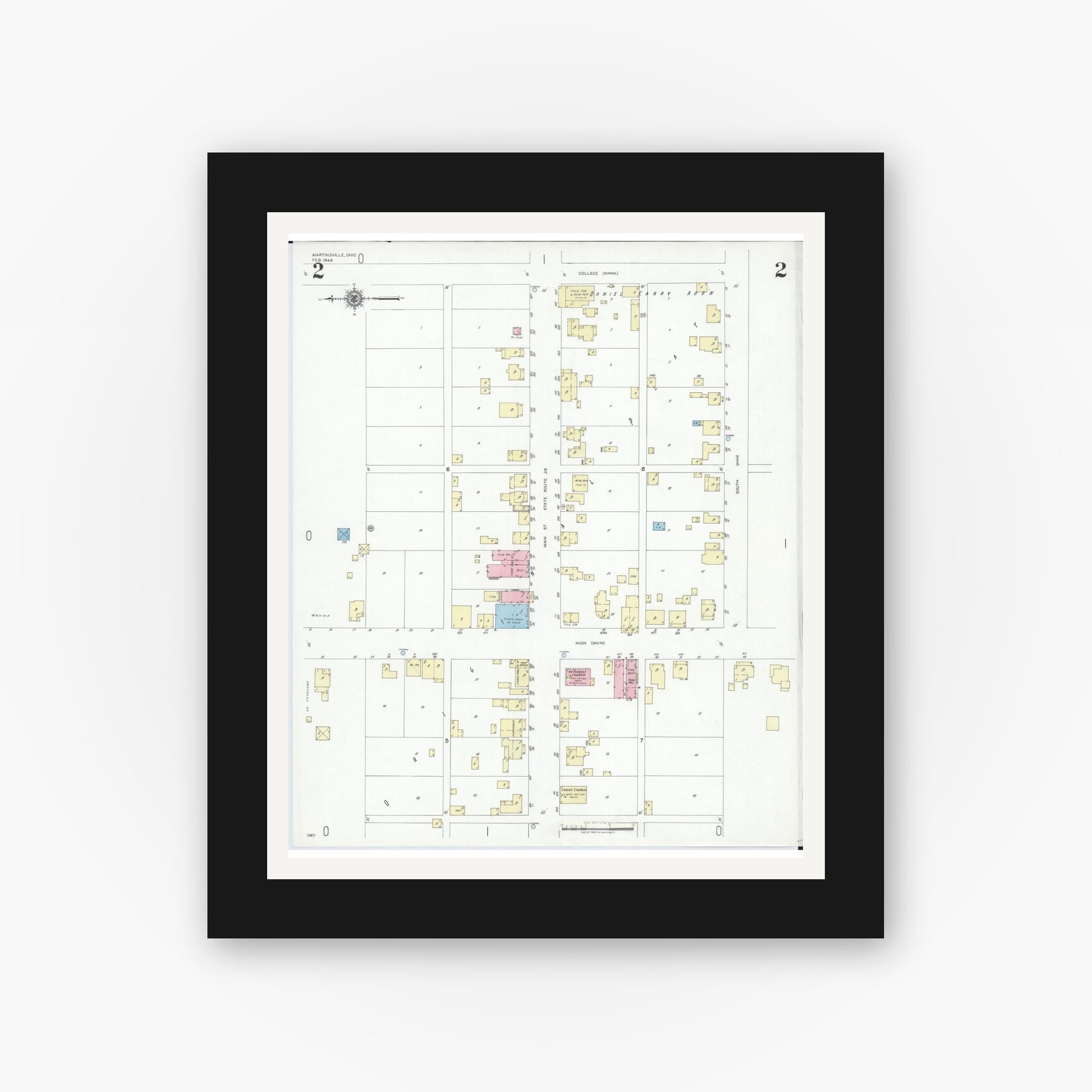 Old map wall art mockup — black gallery frame with white mat — Sanborn Fire Insurance Map from Martinsville, Clinton County, Ohio (1948), Sheet #0002
