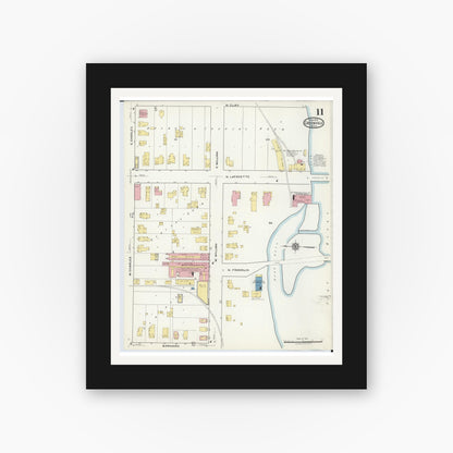 Old map wall art mockup — black gallery frame with white mat — Sanborn Fire Insurance Map from Greenville, Montcalm County, Michigan (1918), Sheet #0011