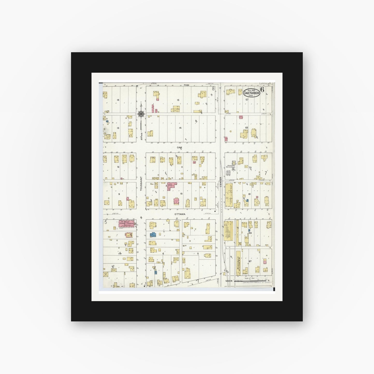Old map wall art mockup — black gallery frame with white mat — Sanborn Fire Insurance Map from Oak Harbor, Ottawa County, Ohio (1920), Sheet #0006