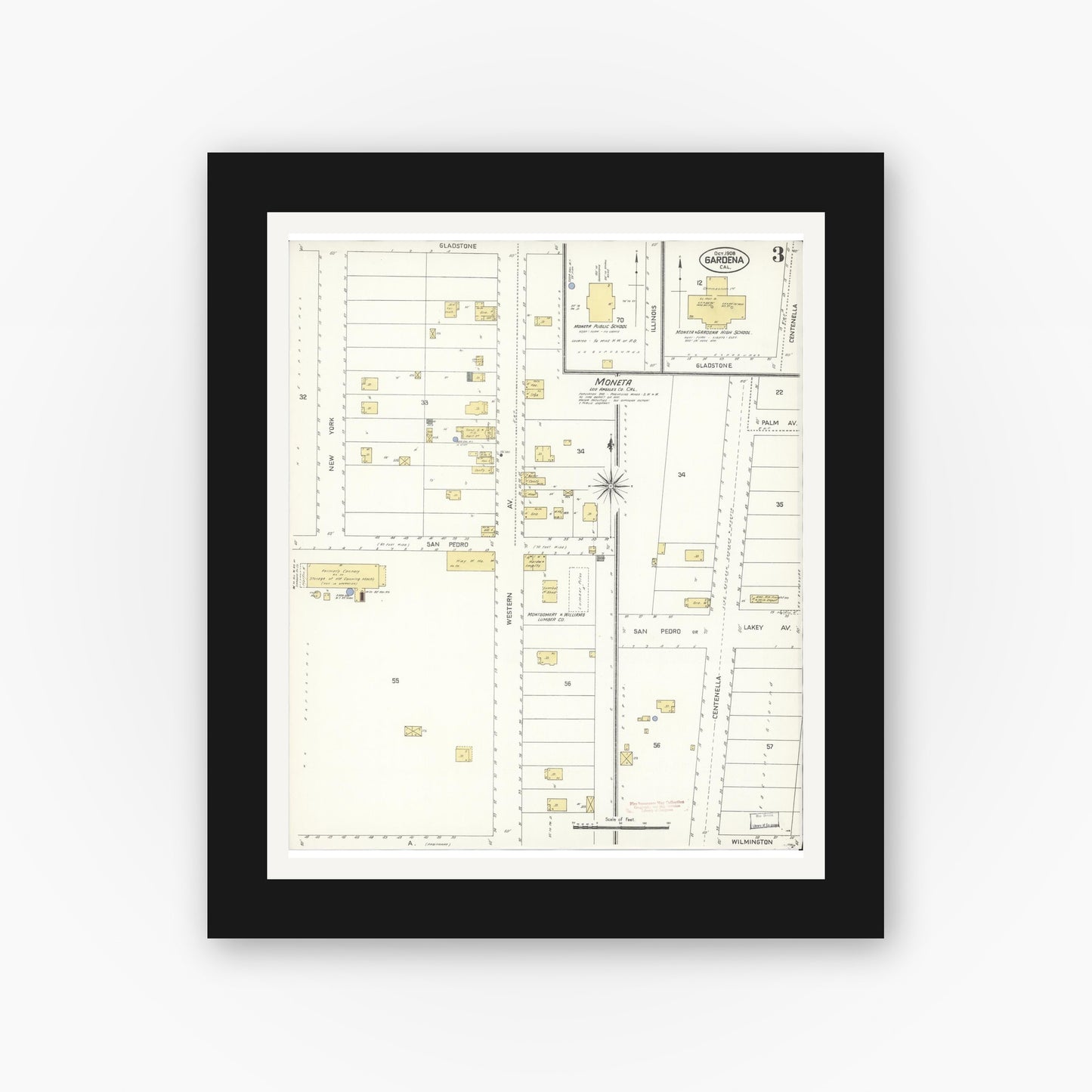 Old map wall art mockup — black gallery frame with white mat — Sanborn Fire Insurance Map from Gardena, Los Angeles County, California (1908), Sheet #0003