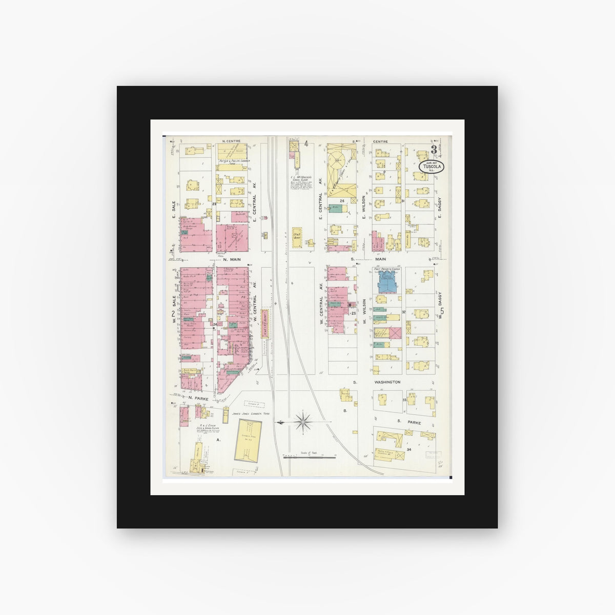 Old map wall art mockup — black gallery frame with white mat — Sanborn Fire Insurance Map from Tuscola, Douglas County, Illinois (1907), Sheet #0003