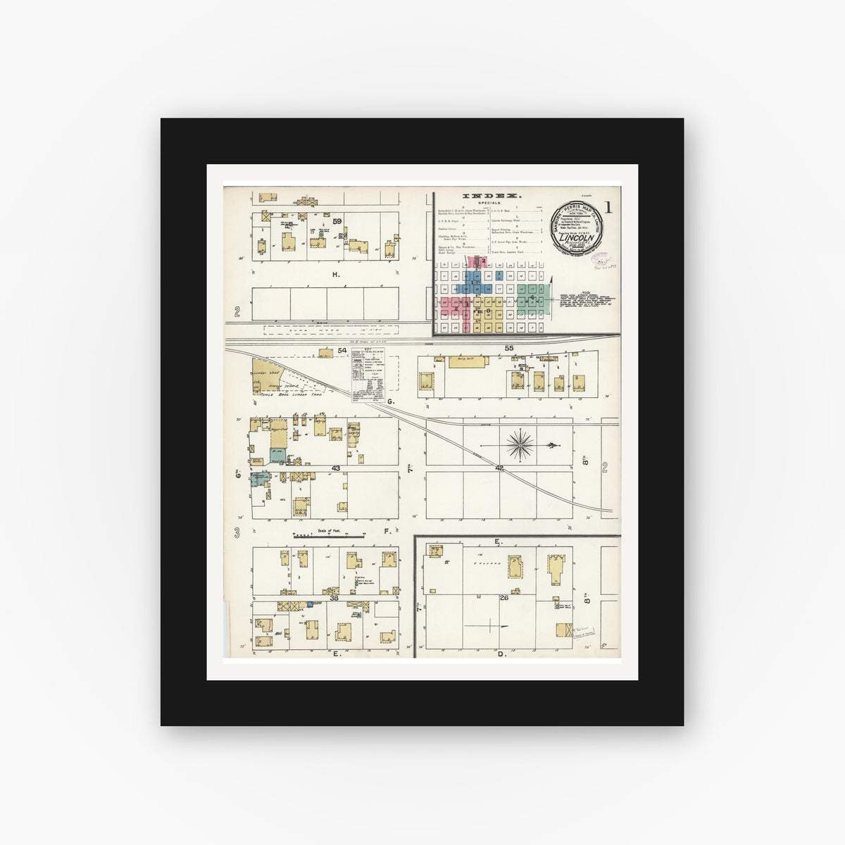 Old map wall art mockup — black gallery frame with white mat — Sanborn Fire Insurance Map from Lincoln, Placer County, California (1893) - Complete Map Set