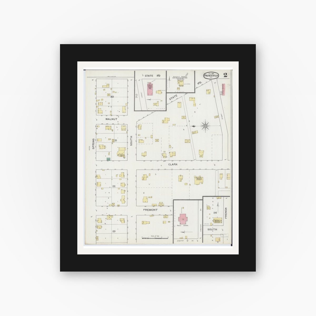 Old map wall art mockup — black gallery frame with white mat — Sanborn Fire Insurance Map from Princeville, Peoria County, Illinois (1893), Sheet #0002