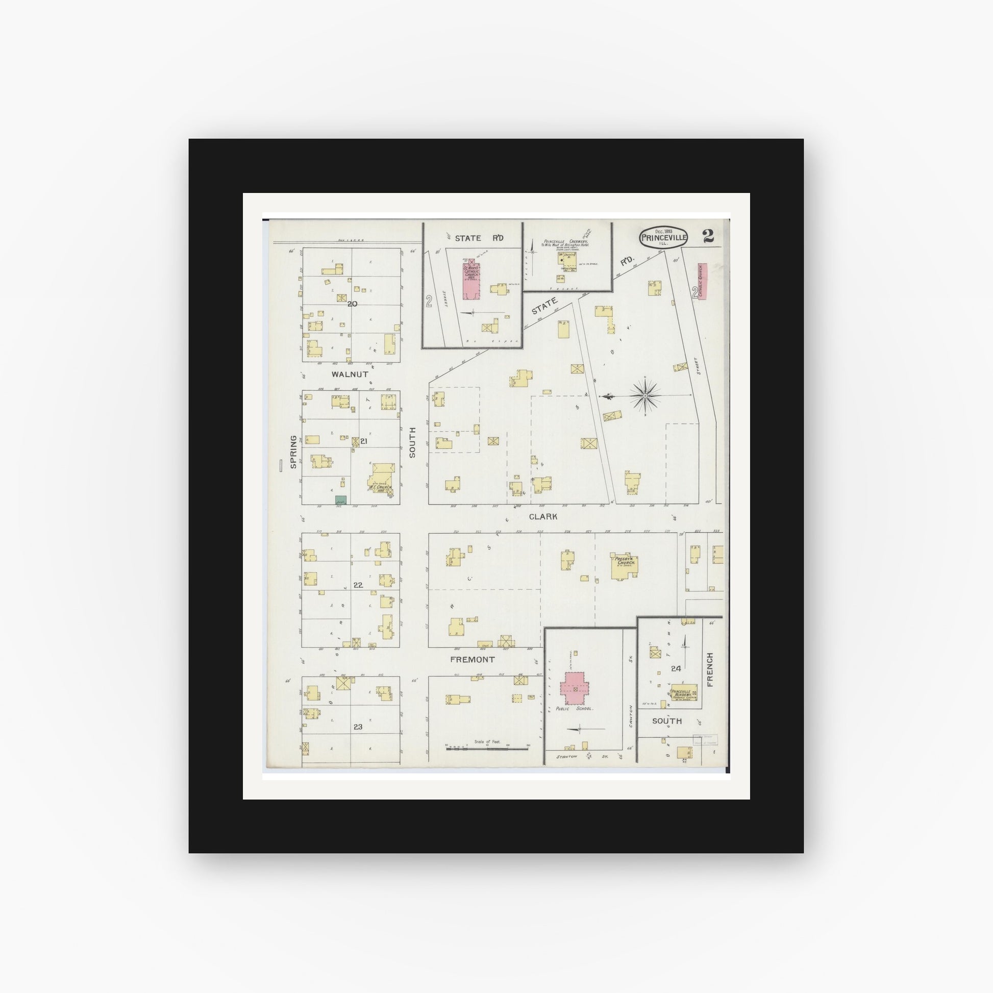 Old map wall art mockup — black gallery frame with white mat — Sanborn Fire Insurance Map from Princeville, Peoria County, Illinois (1893), Sheet #0002